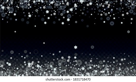 Wintervektorhintergrund mit Fallenden Schneeflocken einzeln auf transparentem Hintergrund. Elegantes, schneeflaumiges Muster. Schneefall Overlay Print. Winter Sky. Realistischer Schnee. Frohe Weihnachten, Neujahr