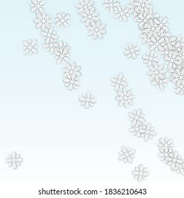 Winter Vector Background with Falling Snowflakes. Isolated on White Blue Background.  Realistic Snow Sparkle Pattern. Snowfall Overlay Print. Winter Sky. Papercut Snowflakes.