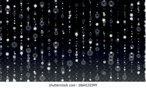 Fondo vectorial invernal con copos de nieve caídos aislados en fondo transparente. Diseño de fantasía para invitaciones de fiesta, cartel, venta, afiche. Nieve realista. Feliz Navidad, Año Nuevo