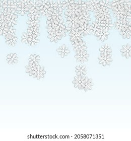 Fondo vectorial invernal con copos de nieve en caída. Aislado sobre fondo azul blanco.  Diseño de fantasía para invitaciones de fiesta, cartel, venta, afiche. Copos de nieve recortados por papel.