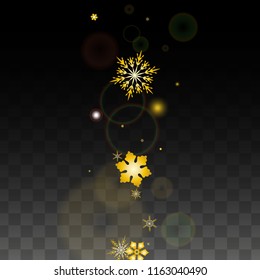 Winter Vector Background with Gold Falling Snowflakes Isolated on Transparent Background. Miracle Snow Sparkle Pattern. Snowfall Overlay Print. Winter Sky. Design for  Party Invitation.