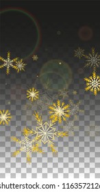 Winter Vector Background with Gold Falling Snowflakes Isolated on Transparent Background. Magic Snow Sparkle Pattern. Snowfall Overlay Print. Winter Sky. Design for  Party Invitation.