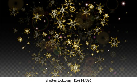 Winter Vector Background with Gold Falling Snowflakes Isolated on Transparent Background. Glitter Snow Sparkle Pattern. Snowfall Overlay Print. Winter Sky. Design for  Party Invitation.