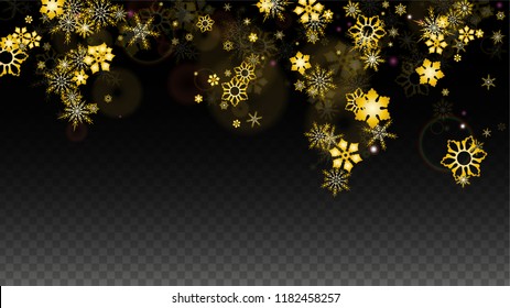 Winter Vector Background with Gold Falling Snowflakes Isolated on Transparent Background. Glitter Snow Sparkle Pattern. Snowfall Overlay Print. Winter Sky. Design for  Party Invitation.