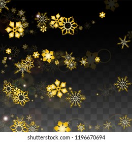 Winter Vector Background with Gold Falling Snowflakes Isolated on Transparent Background. Elegance Snow Sparkle Pattern. Snowfall Overlay Print. Winter Sky. Design for  Party Invitation.