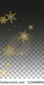 Winter Vector Background with Gold Falling Snowflakes Isolated on Transparent Background. Luxury Snow Sparkle Pattern. Snowfall Overlay Print. Winter Sky. Design for  Party Invitation.