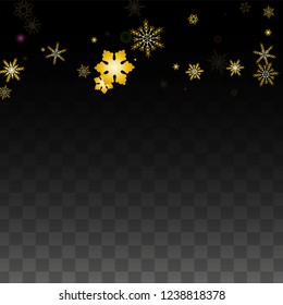 Winter Vector Background with Gold Falling Snowflakes Isolated on Transparent Background. Fantasy Snow Sparkle Pattern. Snowfall Overlay Print. Winter Sky. Design for  Christmas Sale.