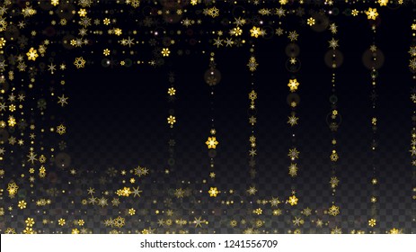 Winter Vector Background with Gold Falling Snowflakes Isolated on Transparent Background. Glitter Snow Sparkle Pattern. Snowfall Overlay Print. Winter Sky. Design for  Party Invitation.