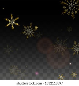 Winter Vector Background with Gold Falling Snowflakes Isolated on Transparent Background. Fantasy Snow Sparkle Pattern. Snowfall Overlay Print. Winter Sky. Design for  Poster.