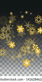 Winter Vector Background with Gold Falling Snowflakes Isolated on Transparent Background. Festival Snow Sparkle Pattern. Snowfall Overlay Print. Winter Sky. Design for  Party Invitation.