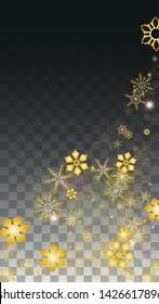 Winter Vector Background with Gold Falling Snowflakes Isolated on Transparent Background. Elegance Snow Sparkle Pattern. Snowfall Overlay Print. Winter Sky. Design for  Christmas Sale.