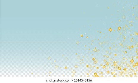 Winter Vector Background with Gold Falling Snowflakes Isolated on Transparent Background. Luxury Snow Sparkle Pattern. Snowfall Overlay Print. Winter Sky. Design for  Banner.