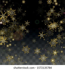 Winter Vector Background with Gold Falling Snowflakes Isolated on Transparent Background. Glitter Snow Sparkle Pattern. Snowfall Overlay Print. Winter Sky. Design for  Poster.