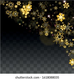 Winter Vector Background with Gold Falling Snowflakes Isolated on Transparent Background. Luxury Snow Sparkle Pattern. Snowfall Overlay Print. Winter Sky. Design for  Party Invitation.