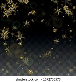 Winter Vector Background with Gold Falling Snowflakes Isolated on Transparent Background. Glitter Snow Sparkle Pattern. Snowfall Overlay Print. Winter Sky. Design for  Poster.