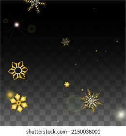 Winter Vector Background with Gold Falling Snowflakes Isolated on Transparent Background. Festival Snow Sparkle Pattern. Snowfall Overlay Print. Winter Sky. Design for  Party Invitation.