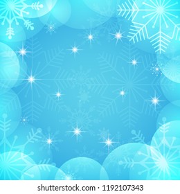 Winter vector background. Holidays greeting card. Light blue and white colors wallpaper with transparent snowflakes, bubbles, balls, stars. Vector illustration