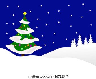 Ilustración de fondo vectorial de invierno con un gran árbol de navidad cubierto de nieve en colinas nevadas con un cielo estrellado azul por la noche con espacio para texto