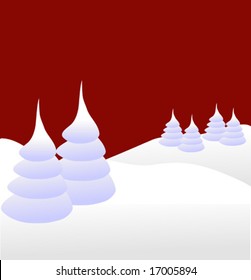 A winter vector background illustration with white trees on snowy hills with a red sky with room for text