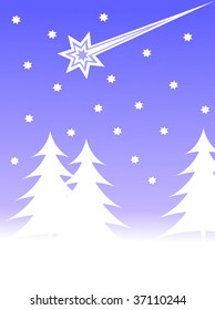 A  winter vector background illustration with white trees on snowy hills with a blue evening sky with room for text