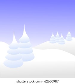 A winter vector background illustration with white trees on snowy hills with a blue evening sky with room for text
