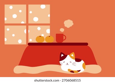 winter vector background with a Japanese cat curled up on the Kotatsu