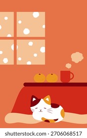Fondo de Vector de invierno con un gato japonés acurrucado en el Kotatsu