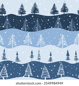 Winter vector background, seamless pattern, hills and trees, snowfall