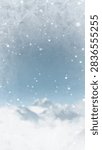 Winter vector background with soft snowflakes, frosty texture, and misty mountains under a pale blue sky.