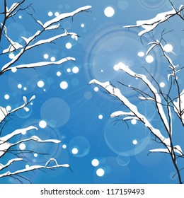Winter vector background and tree brunches covered in snow  Vector eps10 file and transparency effect 