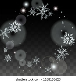 Winter Vector Background with White Falling Snowflakes Isolated on Transparent Background. Magic Snow Sparkle Pattern. Snowfall Overlay Print. Winter Sky. Design for  Poster.