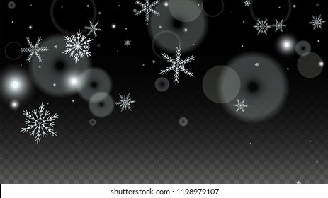 Winter Vector Background with White Falling Snowflakes Isolated on Transparent Background. Elegance Snow Sparkle Pattern. Snowfall Overlay Print. Winter Sky. Design for  Christmas Sale.