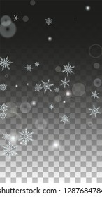 Winter Vector Background with White Falling Snowflakes Isolated on Transparent Background. Miracle Snow Sparkle Pattern. Snowfall Overlay Print. Winter Sky. Design for  Poster.