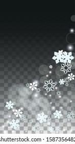 Winter Vector Background with White Falling Snowflakes Isolated on Transparent Background. Fantasy Snow Sparkle Pattern. Snowfall Overlay Print. Winter Sky. Design for  Christmas Sale.