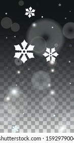 Winter Vector Background with White Falling Snowflakes Isolated on Transparent Background. Realistic Snow Sparkle Pattern. Snowfall Overlay Print. Winter Sky. Design for  Poster.