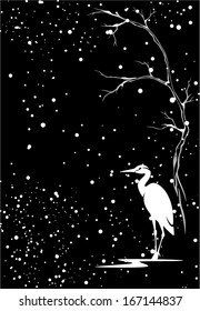 winter vector background with white heron bird under snowfall against black