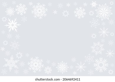 Winter vector background, white snowflakes frame on light gray, Christmas design template, copy space