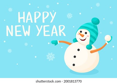 Winter vector banner with cheerful snowman in cartoon style. Playful snowman throws snowballs New Year card. Happy new year lettering.
