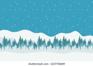 Winter vector. Beautiful landscape in winter with pine trees and snowy mountains. Illustration of snow falling in the Christmas season