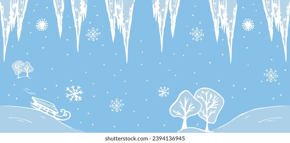 Winter Vector blue horizontal banner. Doodle illustration with sled, icicles, snowflakes, snowfall. Design for cards, cover, frame, post social media, website header, landing page, banner, poster.