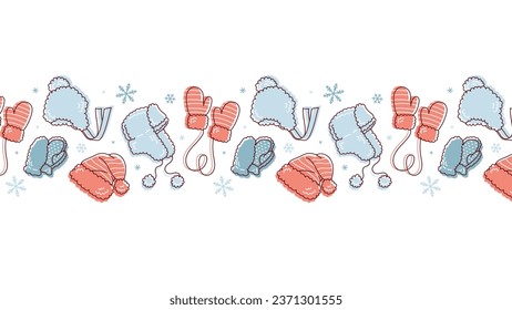 Winter vector border for cards. Winter accessories hat mittens snowflakes. Kids' things.