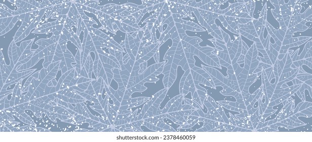 Winter vector botanical background in blue tones with unusual leaves and snow. Cool background for decor, wallpaper, covers, cards and presentations.