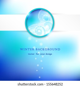 Winter vector card. Beautiful frosty curls, snowflakes and round frame. Place for your text.