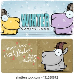 Winter vector card with cartoon goat character.