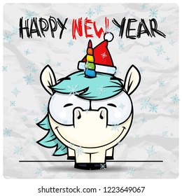 Winter vector card with cartoon unicorn character.