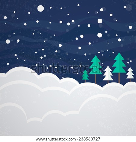 Winter vector card design. Christmas template with trees and snow. Xmas background. Snowy scene with nature. New year invitation card or postcard.