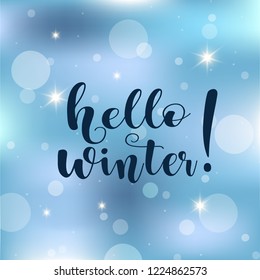 Winter vector card design. Hello Winter text on blue background.