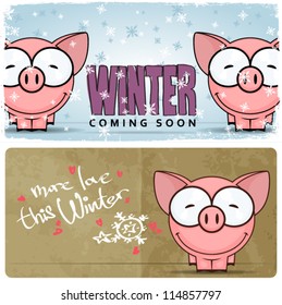 Winter vector card with funny cartoon piggy and text.