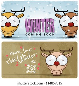 Winter vector card with funny cartoon deer and text.