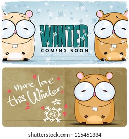 Winter vector card with funny cartoon hamster and text.